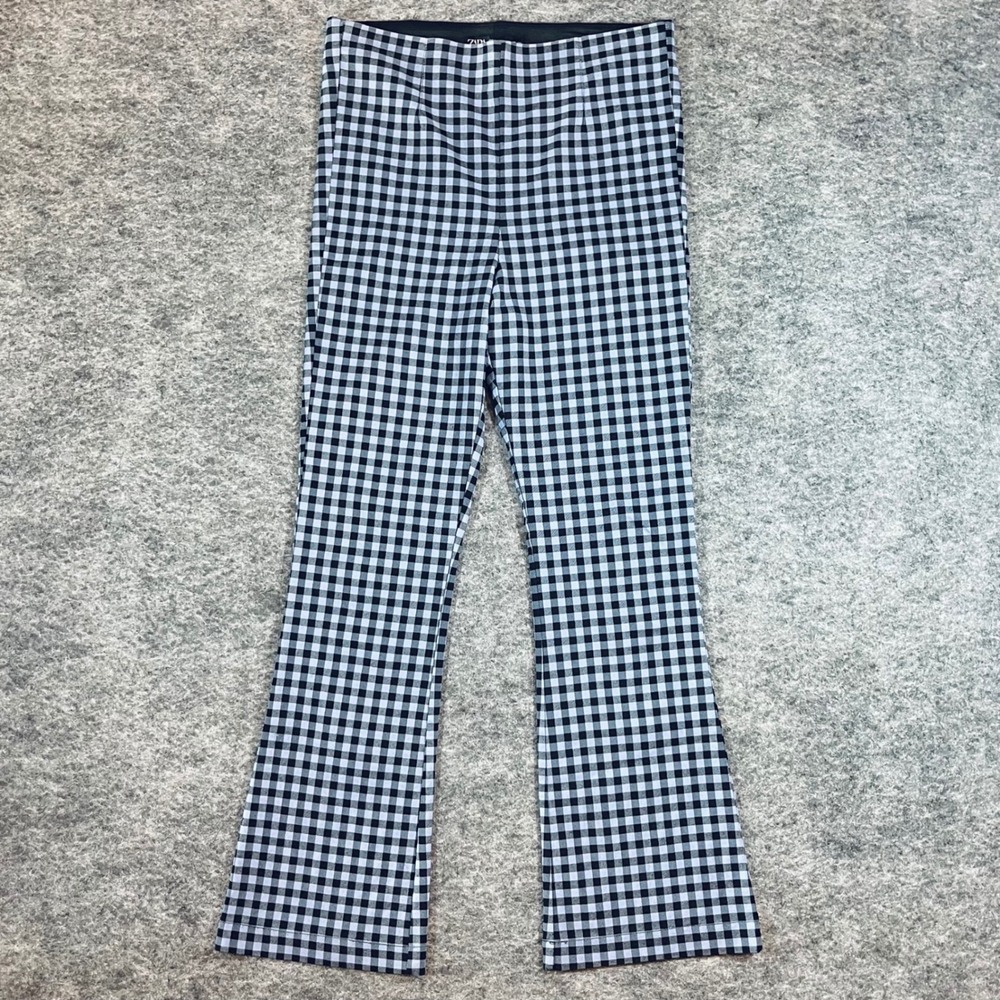 Zara Gingham Flare Pants Womens Large Blue Black Checkered‎ Retro Y2K Mod Preppy - Picture 2 of 9